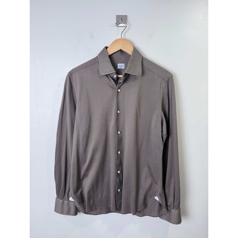 Edoardo Borrelli Men Taupe Grey Cotton Knit Button Down Shirt Neck 16 41